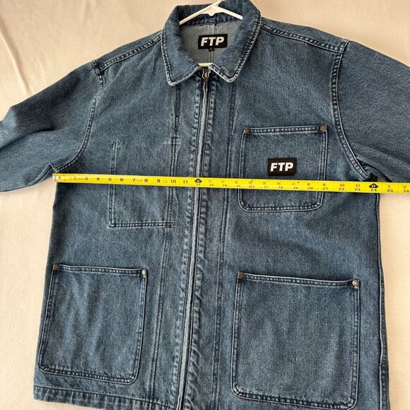 FTP Mens Frayed Denim Logo Chore Jean Jacket Size Large Blue Streetwear - Picture 12 of 13